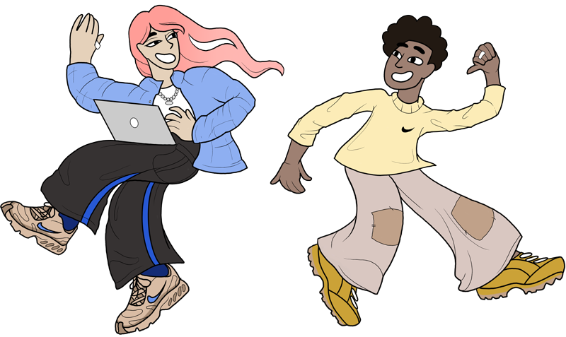 Illustration avec deux personnages agençant des pièces géométriques