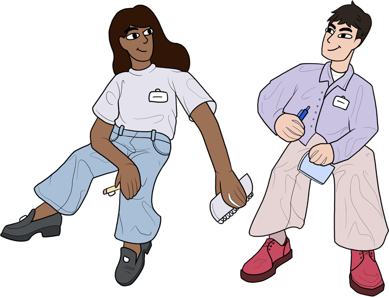 Illustration avec deux personnages agençant des pièces géométriques